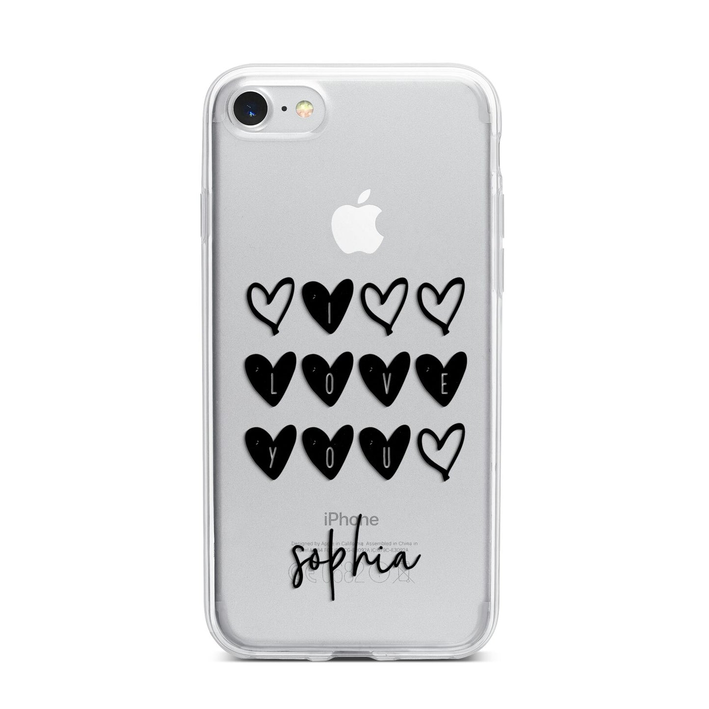 Personalised Valentine Hearts Name Black iPhone 7 Bumper Case on Silver iPhone