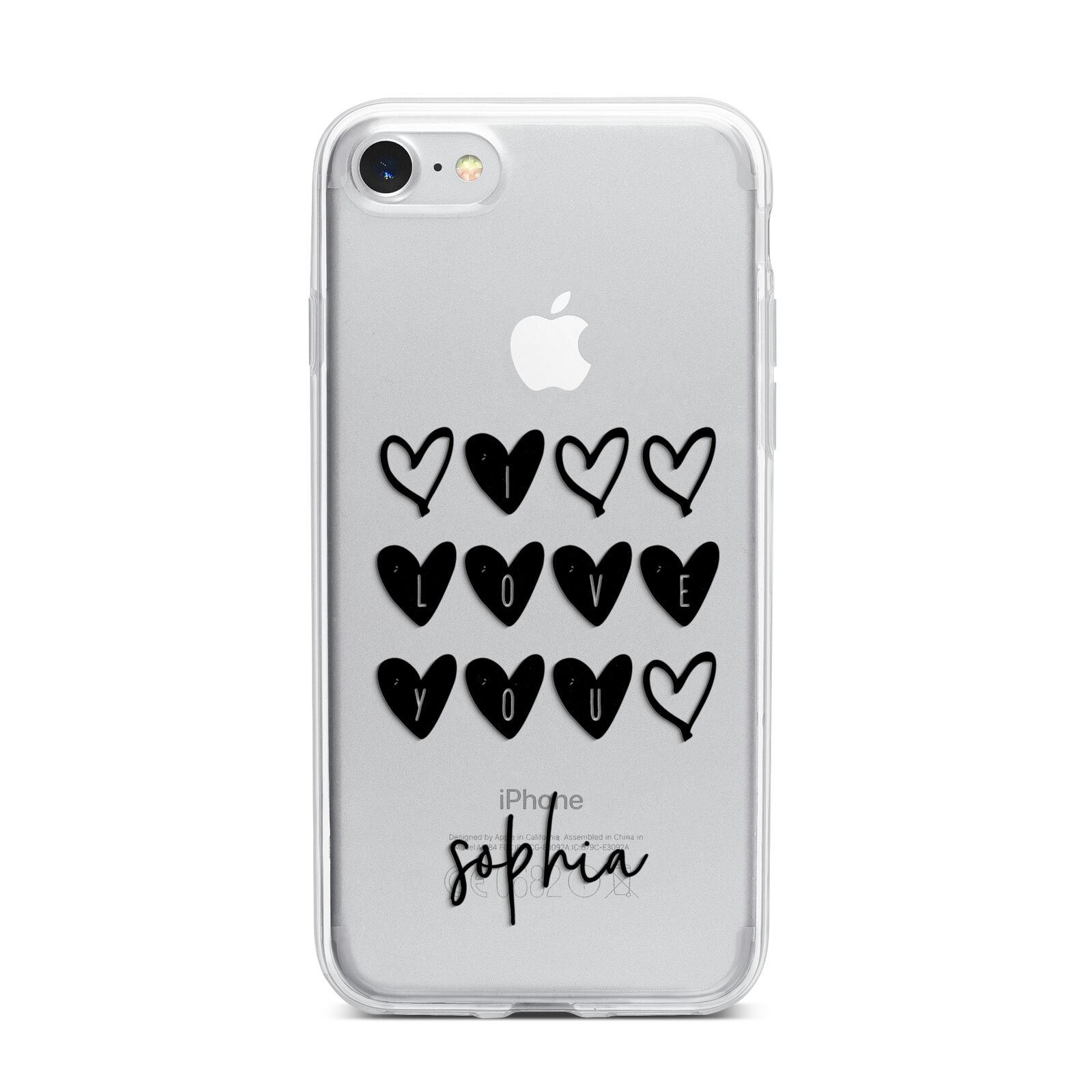 Personalised Valentine Hearts Name Black iPhone 7 Bumper Case on Silver iPhone