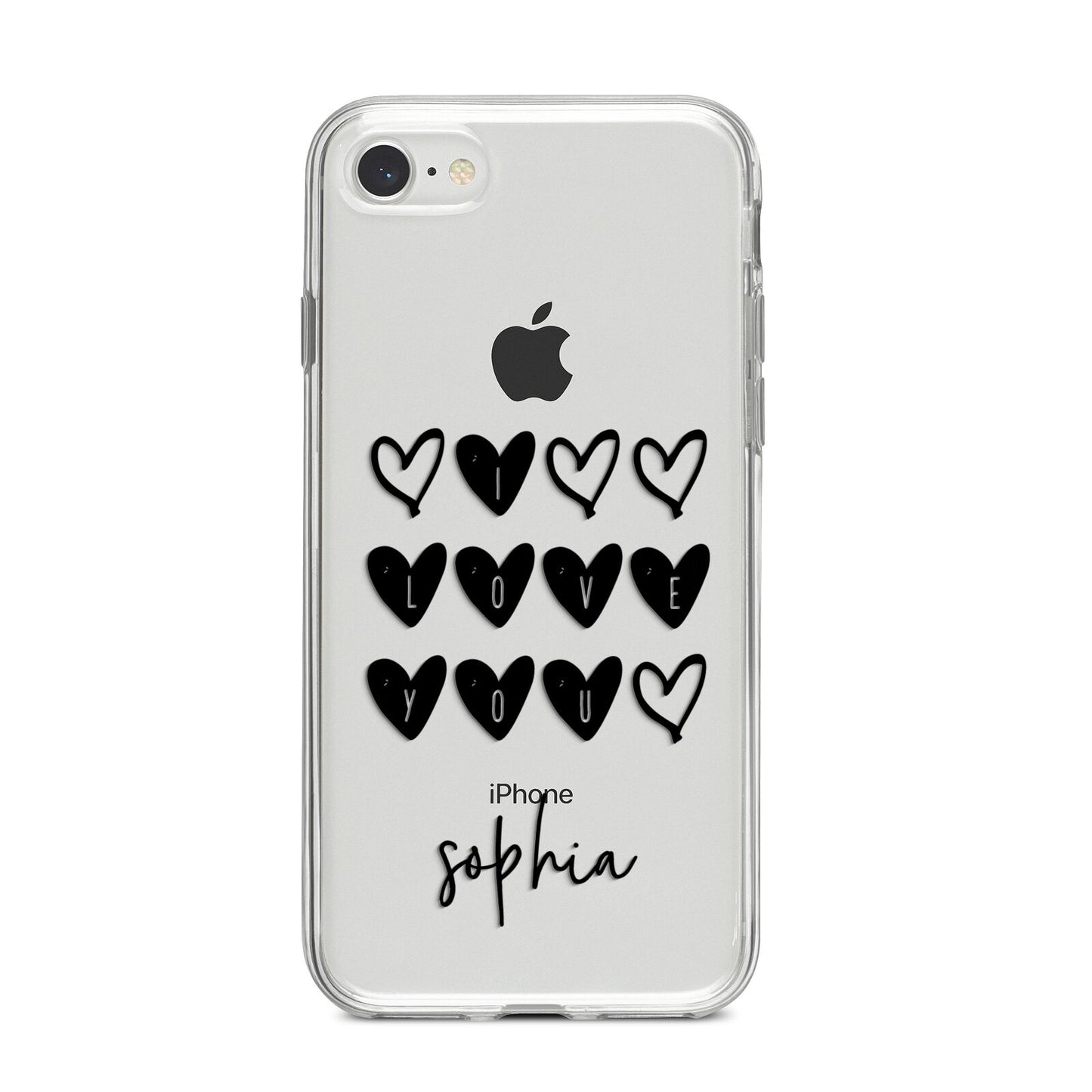 Personalised Valentine Hearts Name Black iPhone 8 Bumper Case on Silver iPhone
