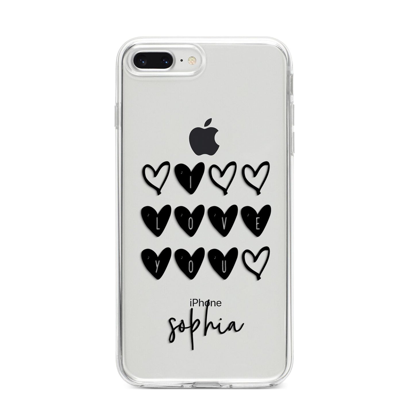Personalised Valentine Hearts Name Black iPhone 8 Plus Bumper Case on Silver iPhone