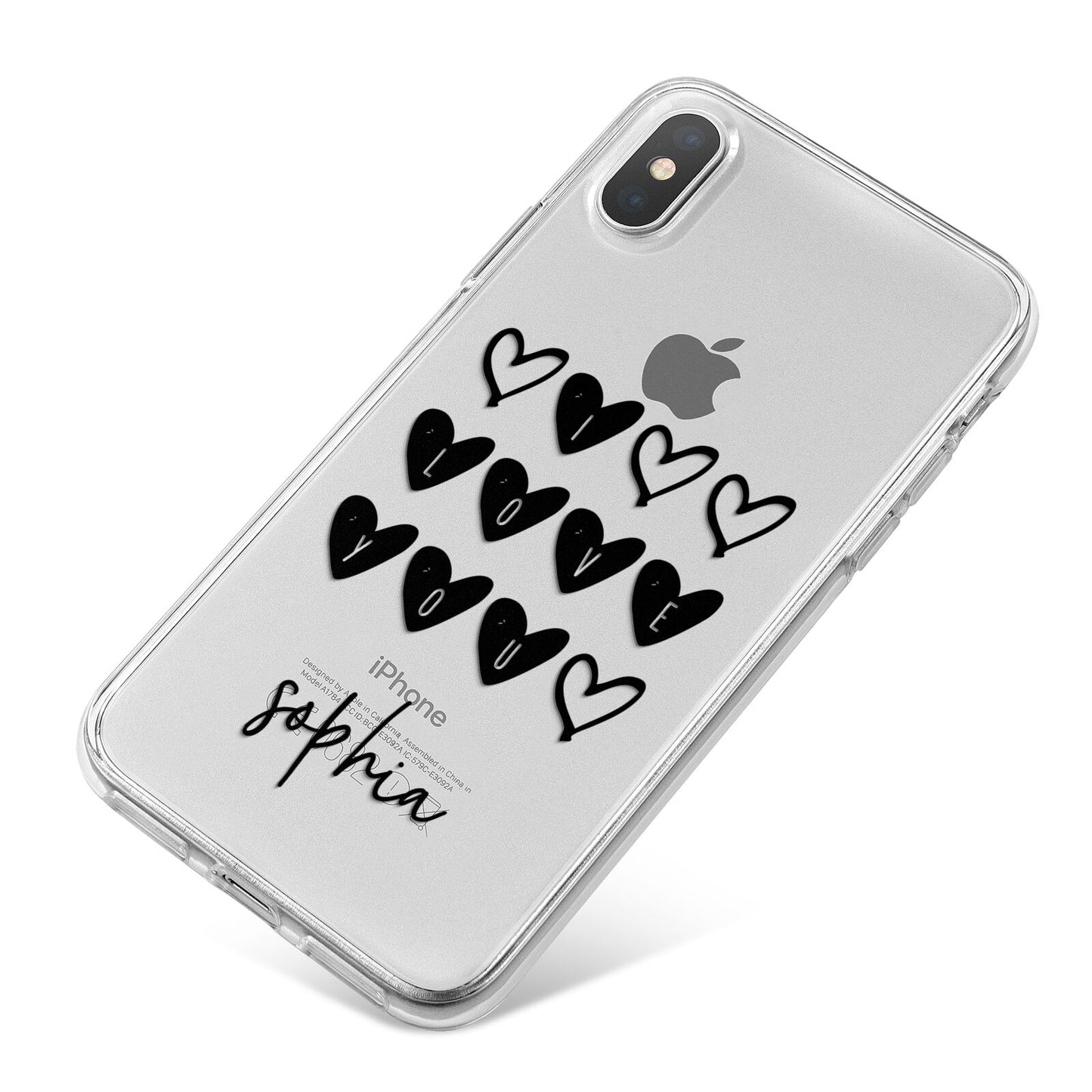 Personalised Valentine Hearts Name Black iPhone X Bumper Case on Silver iPhone