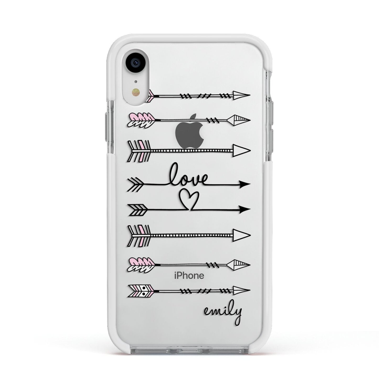 Personalised Valentine Name Clear Transparent Apple iPhone XR Impact Case White Edge on Silver Phone