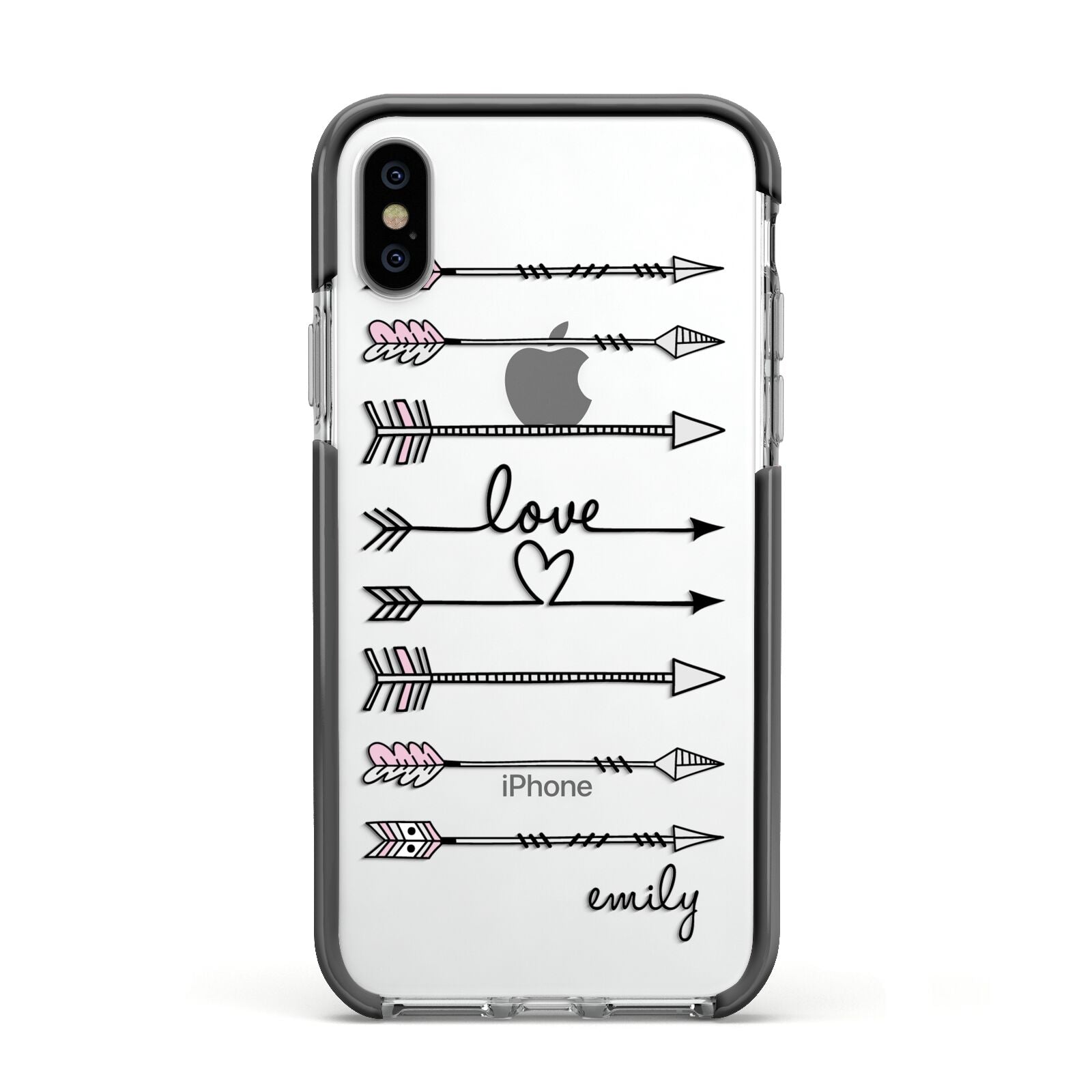 Personalised Valentine Name Clear Transparent Apple iPhone Xs Impact Case Black Edge on Silver Phone
