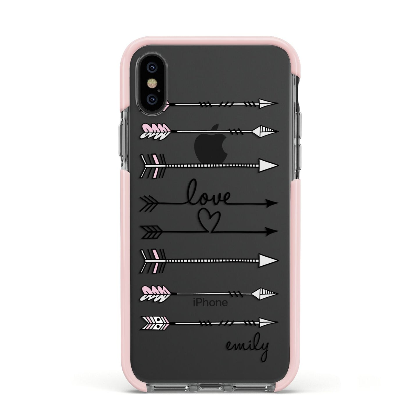 Personalised Valentine Name Clear Transparent Apple iPhone Xs Impact Case Pink Edge on Black Phone