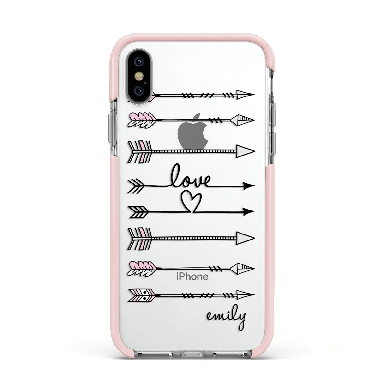 Personalised Valentine Name Clear Transparent Apple iPhone Xs Impact Case Pink Edge on Silver Phone