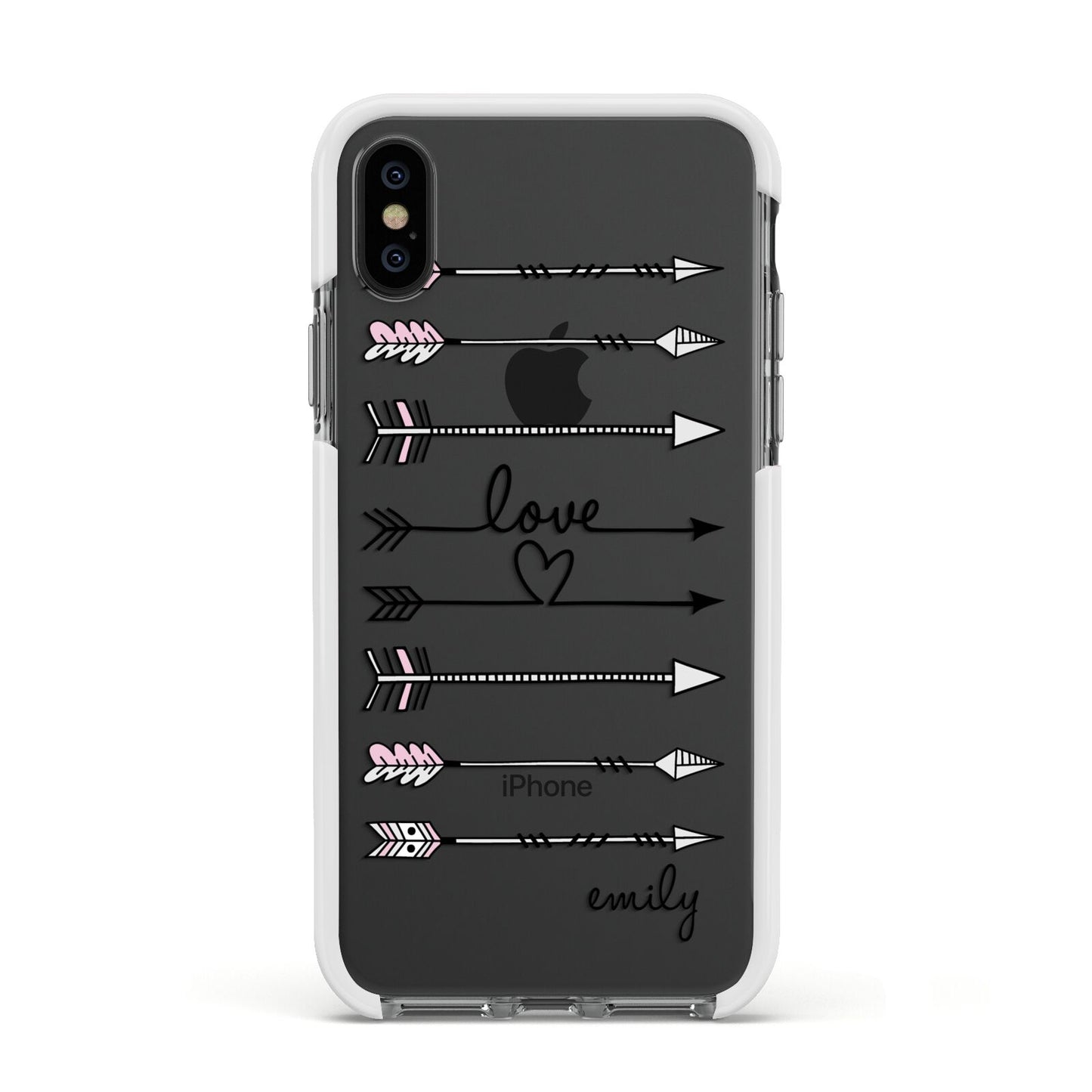 Personalised Valentine Name Clear Transparent Apple iPhone Xs Impact Case White Edge on Black Phone