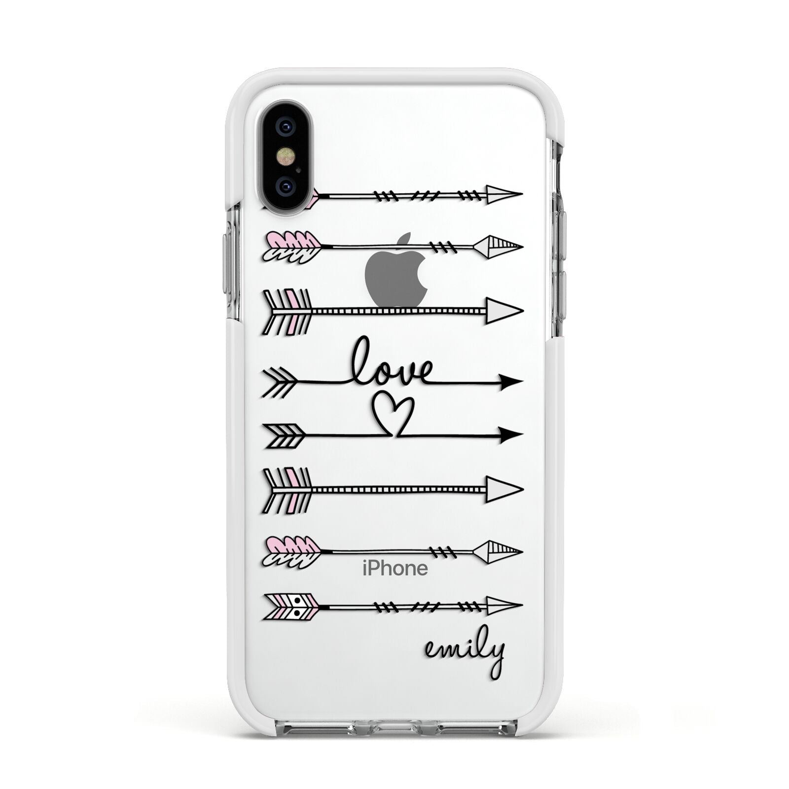 Personalised Valentine Name Clear Transparent Apple iPhone Xs Impact Case White Edge on Silver Phone