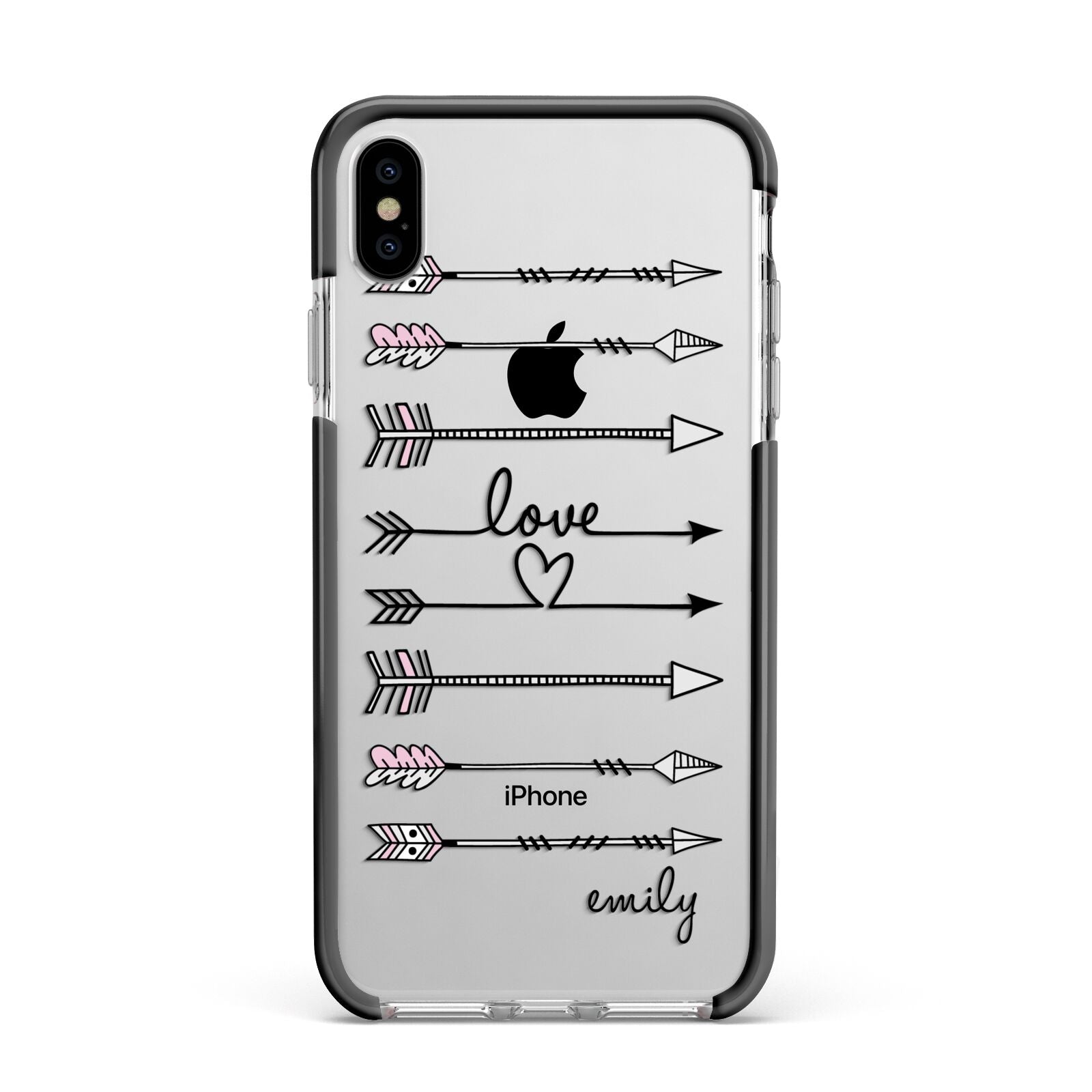 Personalised Valentine Name Clear Transparent Apple iPhone Xs Max Impact Case Black Edge on Silver Phone