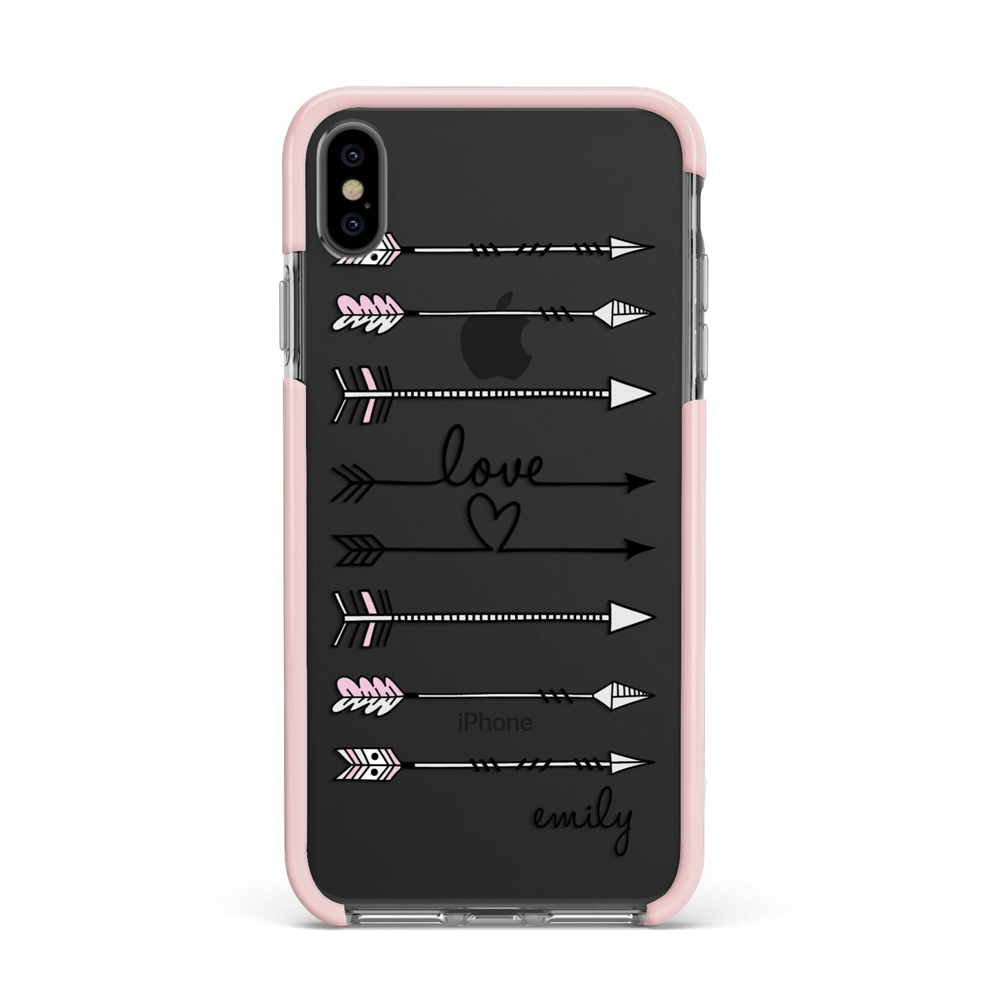 Personalised Valentine Name Clear Transparent Apple iPhone Xs Max Impact Case Pink Edge on Black Phone
