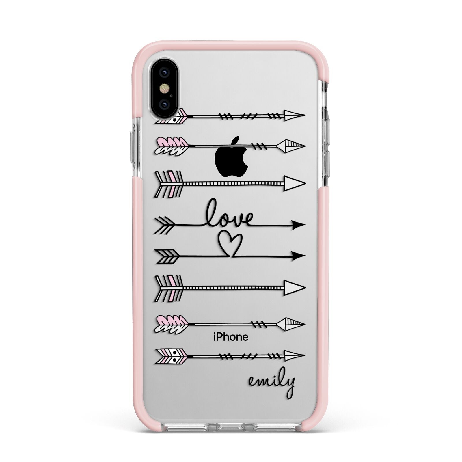 Personalised Valentine Name Clear Transparent Apple iPhone Xs Max Impact Case Pink Edge on Silver Phone
