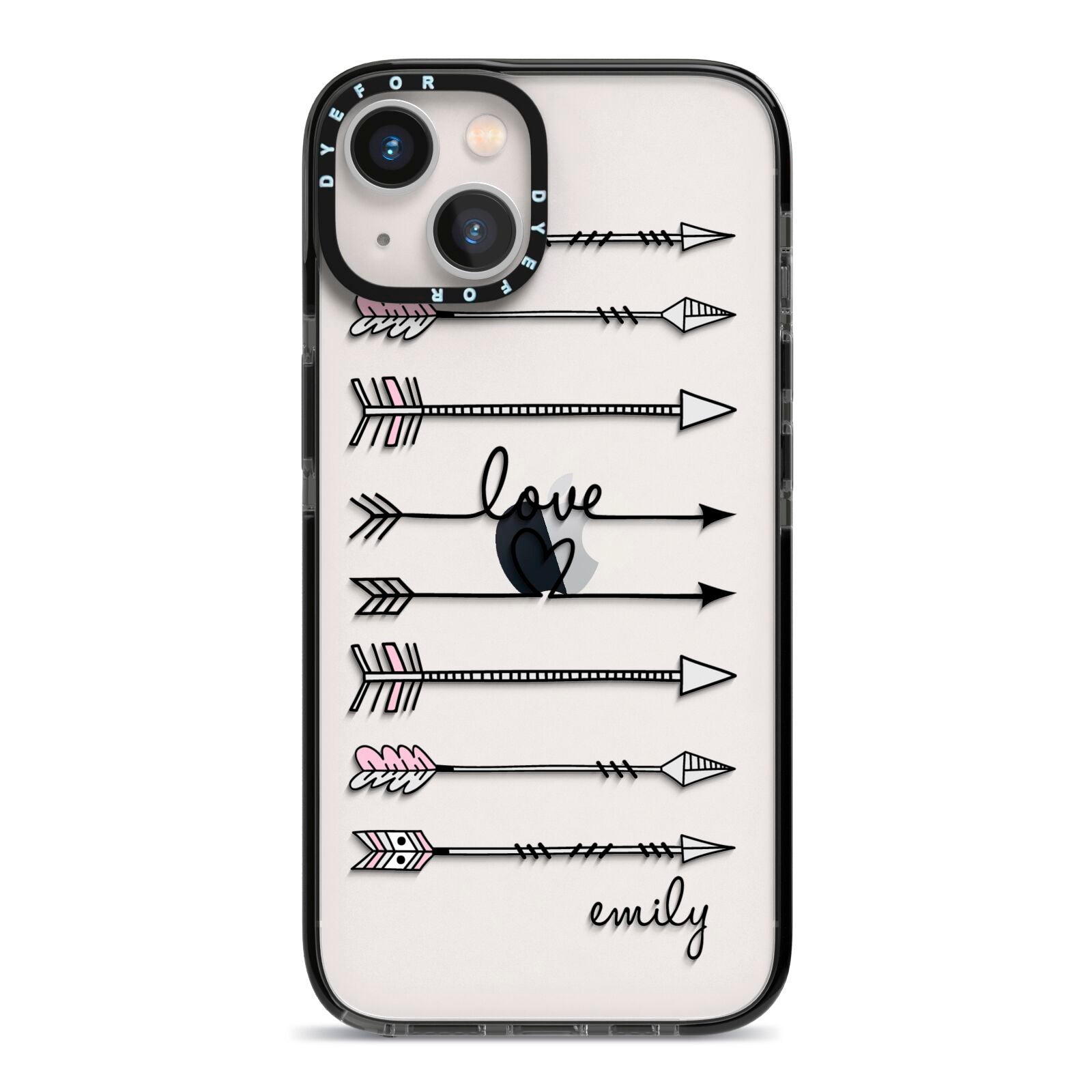 Personalised Valentine Name Clear Transparent iPhone 13 Black Impact Case on Silver phone