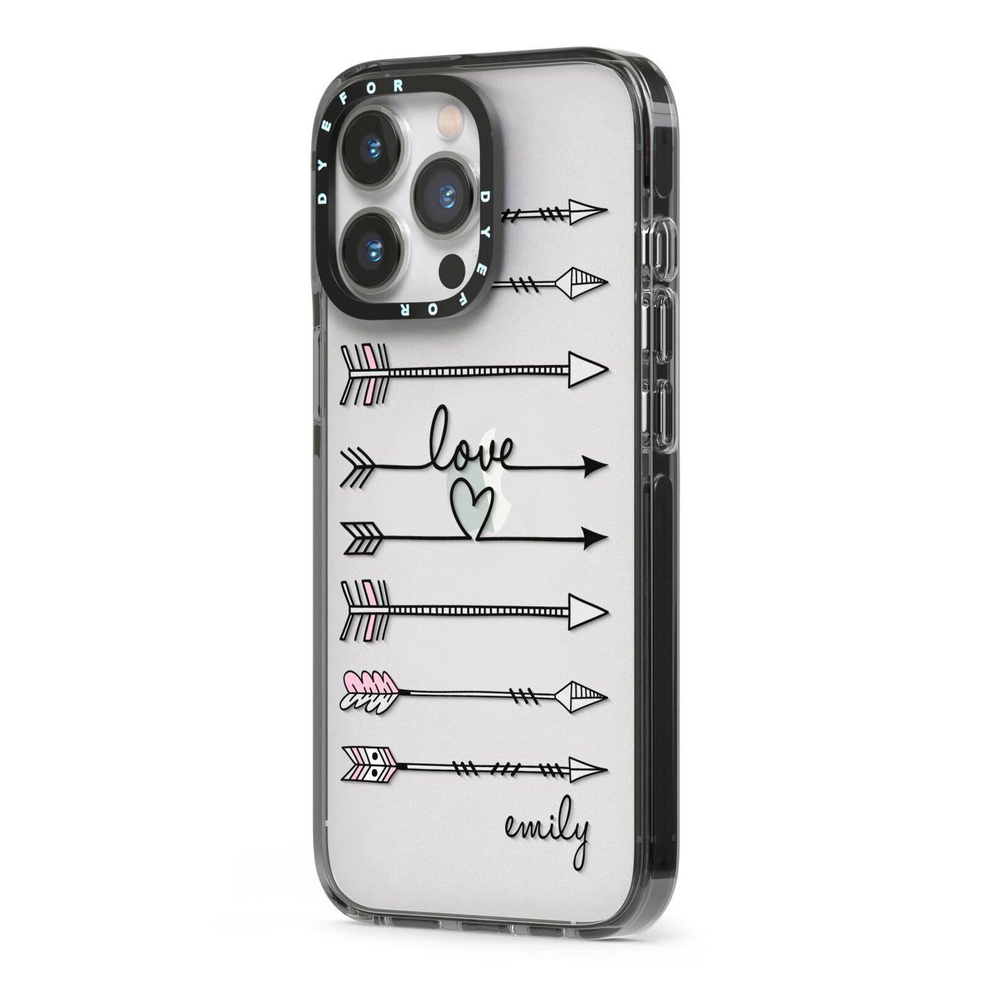 Personalised Valentine Name Clear Transparent iPhone 13 Pro Black Impact Case Side Angle on Silver phone