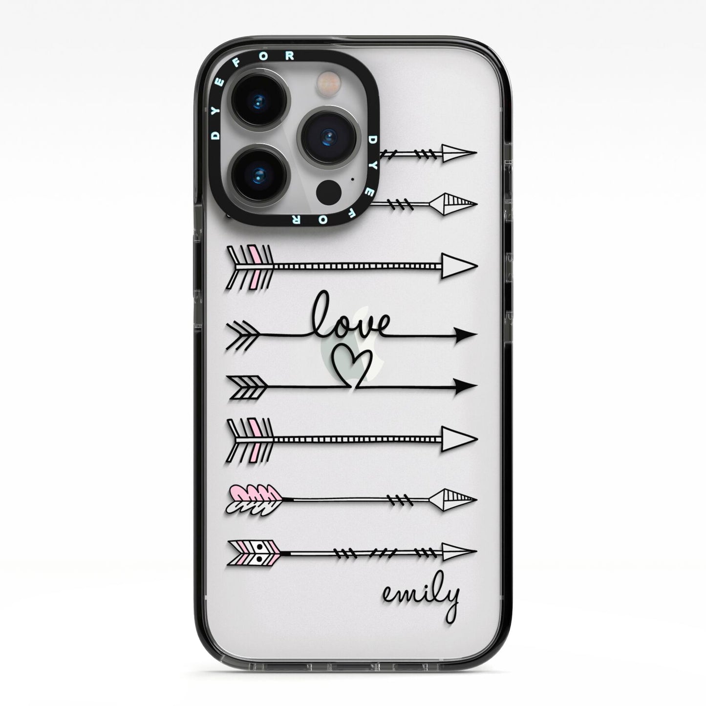 Personalised Valentine Name Clear Transparent iPhone 13 Pro Black Impact Case on Silver phone
