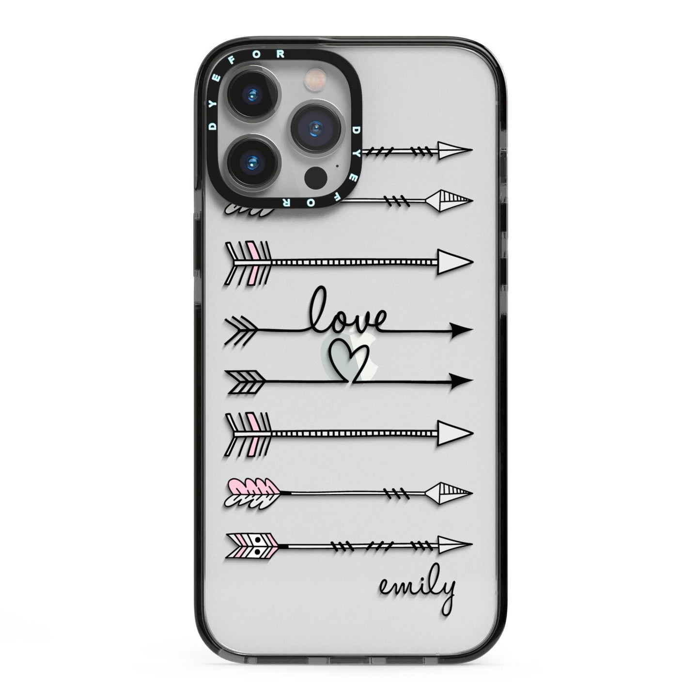 Personalised Valentine Name Clear Transparent iPhone 13 Pro Max Black Impact Case on Silver phone