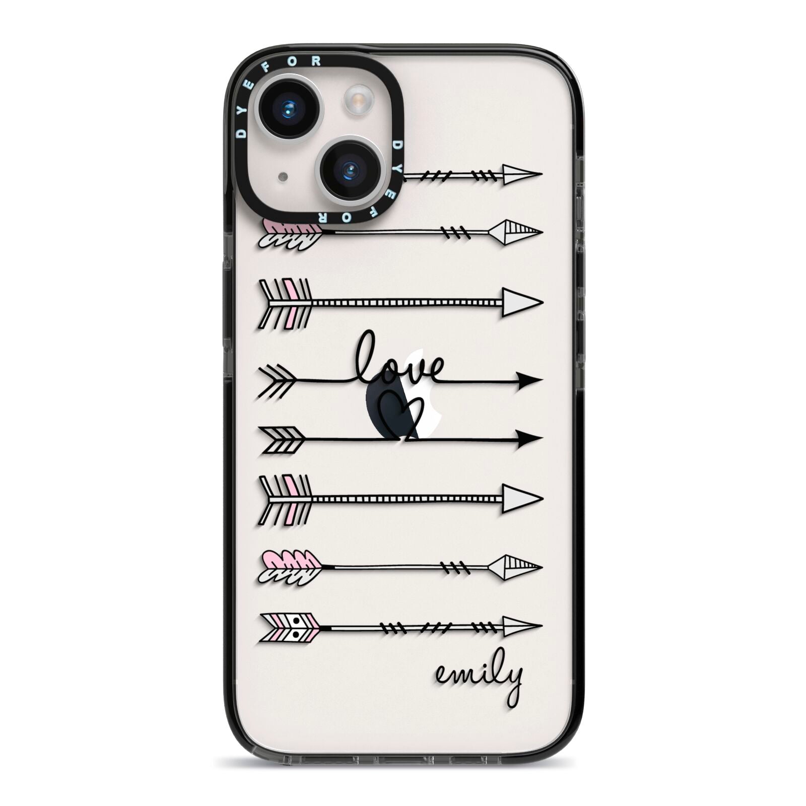 Personalised Valentine Name Clear Transparent iPhone 14 Black Impact Case on Silver phone
