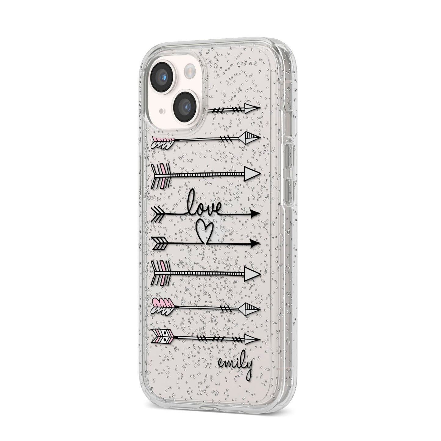 Personalised Valentine Name Clear Transparent iPhone 14 Glitter Tough Case Starlight Angled Image