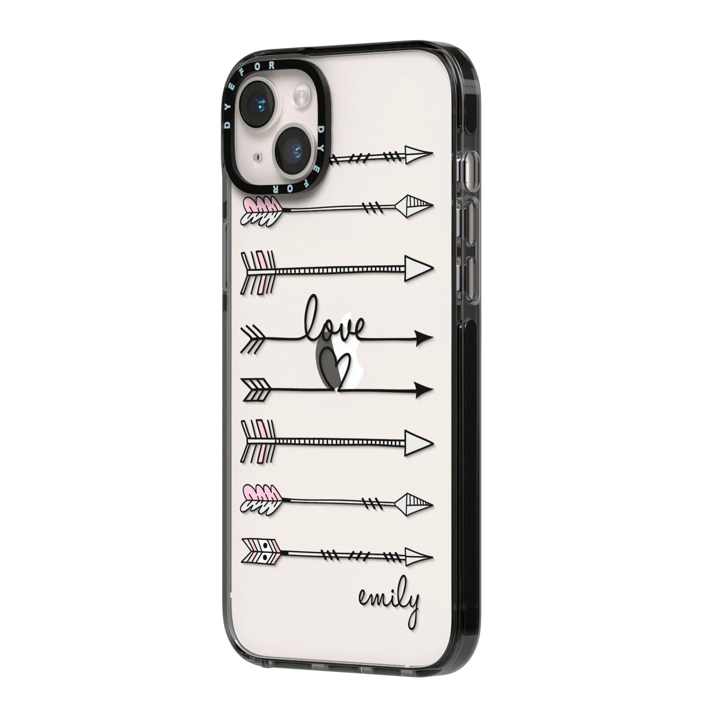 Personalised Valentine Name Clear Transparent iPhone 14 Plus Black Impact Case Side Angle on Silver phone