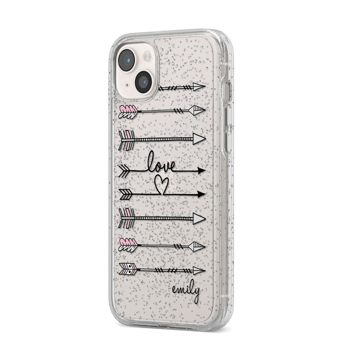 Personalised Valentine Name Clear Transparent iPhone 14 Plus Glitter Tough Case Starlight Angled Image