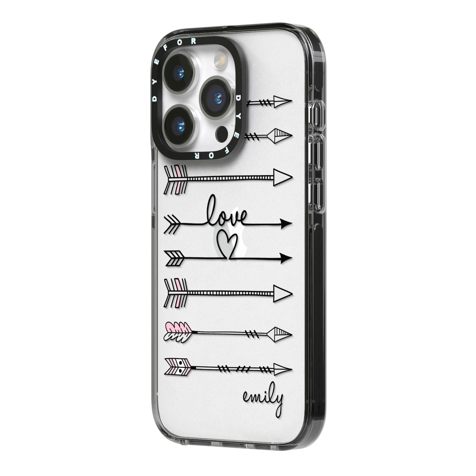 Personalised Valentine Name Clear Transparent iPhone 14 Pro Black Impact Case Side Angle on Silver phone