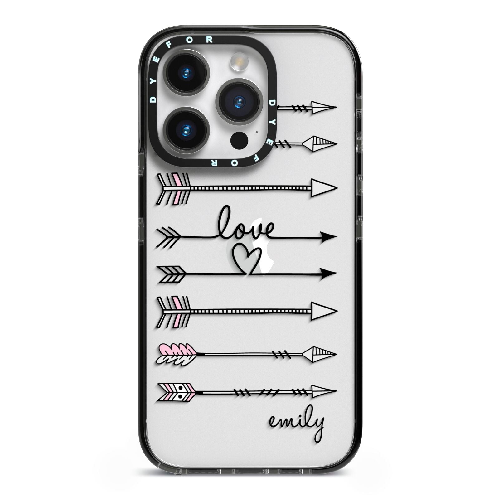 Personalised Valentine Name Clear Transparent iPhone 14 Pro Black Impact Case on Silver phone