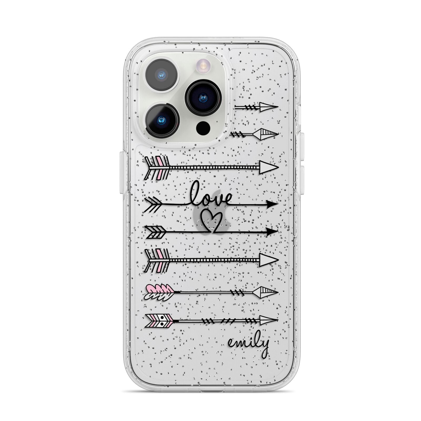Personalised Valentine Name Clear Transparent iPhone 14 Pro Glitter Tough Case Silver