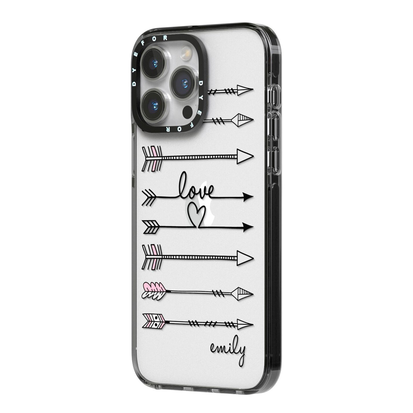 Personalised Valentine Name Clear Transparent iPhone 14 Pro Max Black Impact Case Side Angle on Silver phone