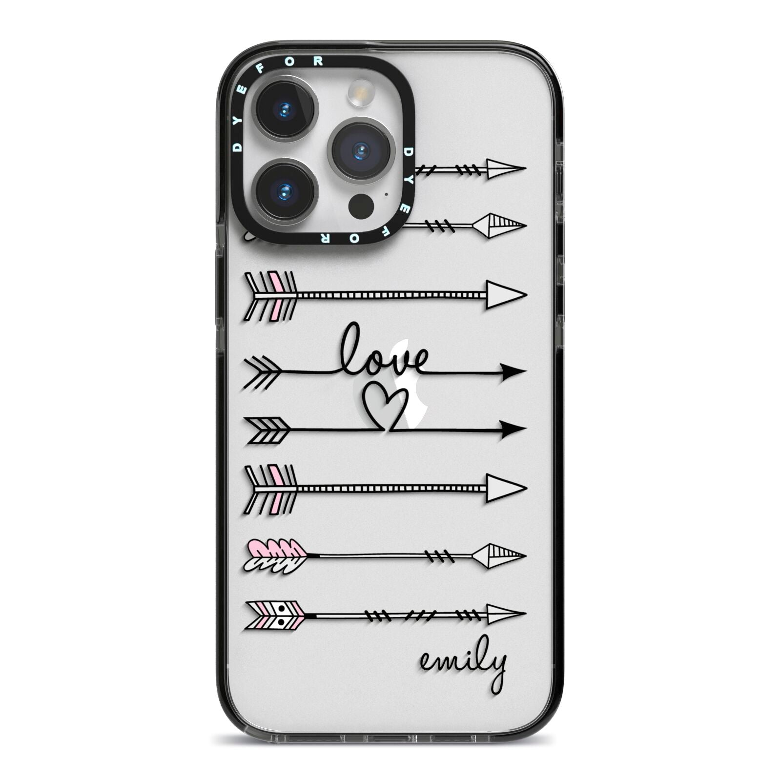 Personalised Valentine Name Clear Transparent iPhone 14 Pro Max Black Impact Case on Silver phone
