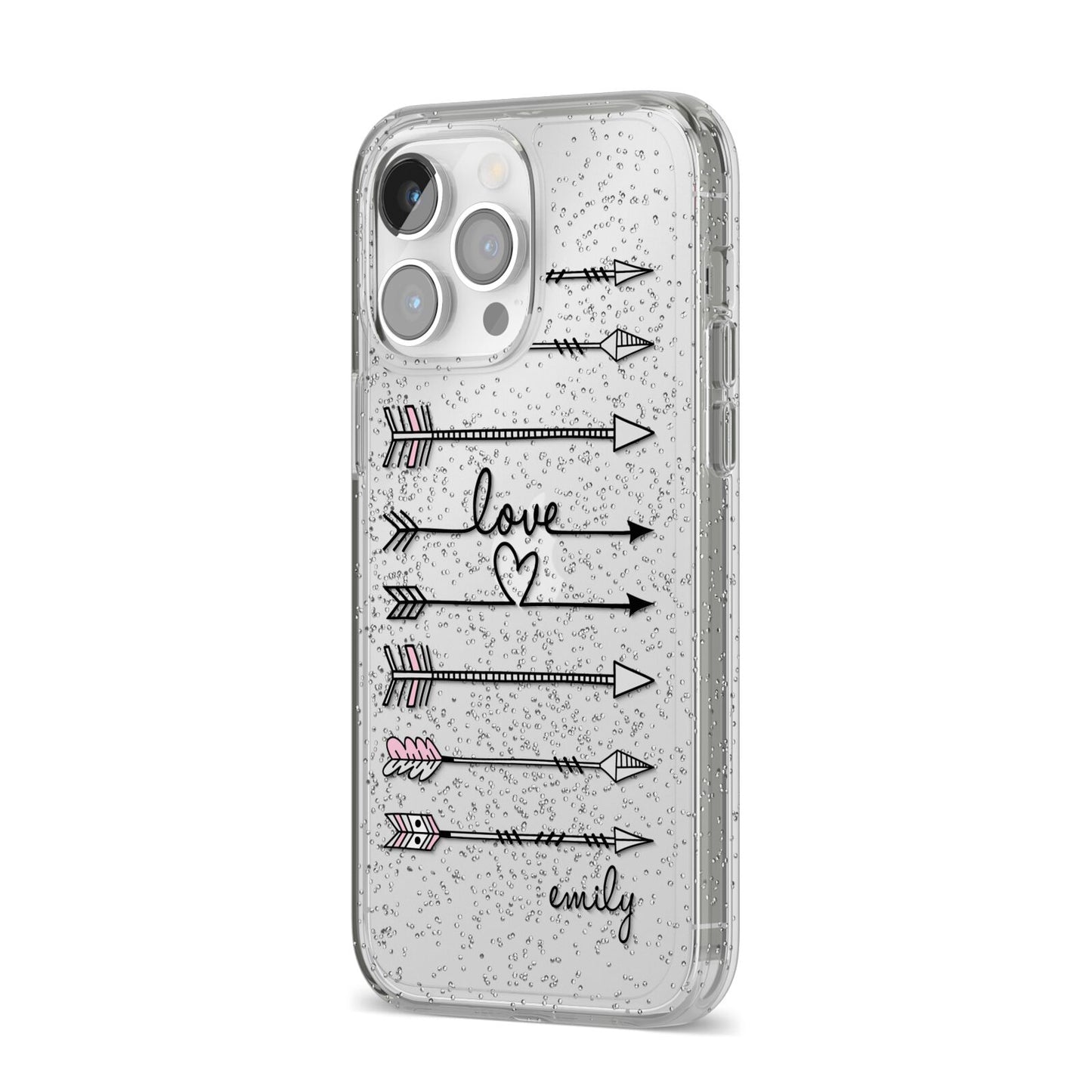 Personalised Valentine Name Clear Transparent iPhone 14 Pro Max Glitter Tough Case Silver Angled Image