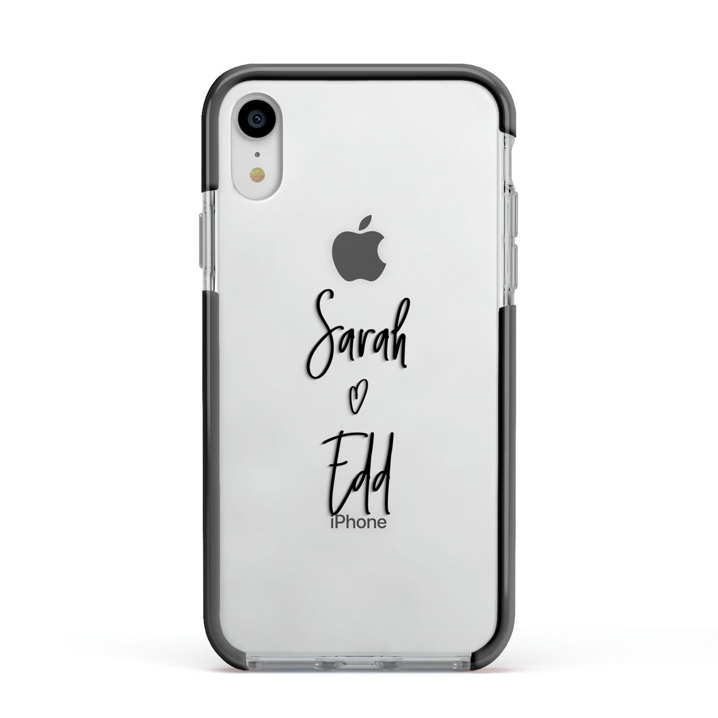 Personalised Valentines Couple Names Black Apple iPhone XR Impact Case Black Edge on Silver Phone