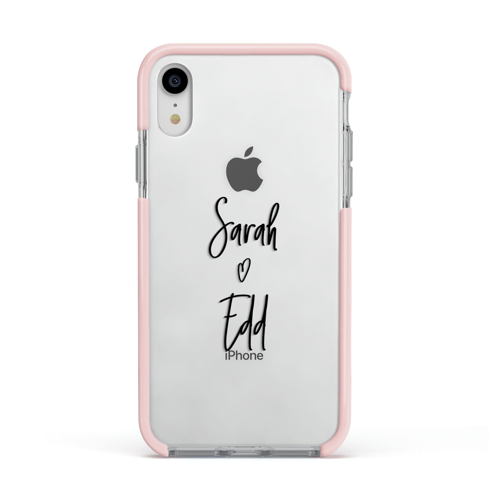 Personalised Valentines Couple Names Black Apple iPhone XR Impact Case Pink Edge on Silver Phone