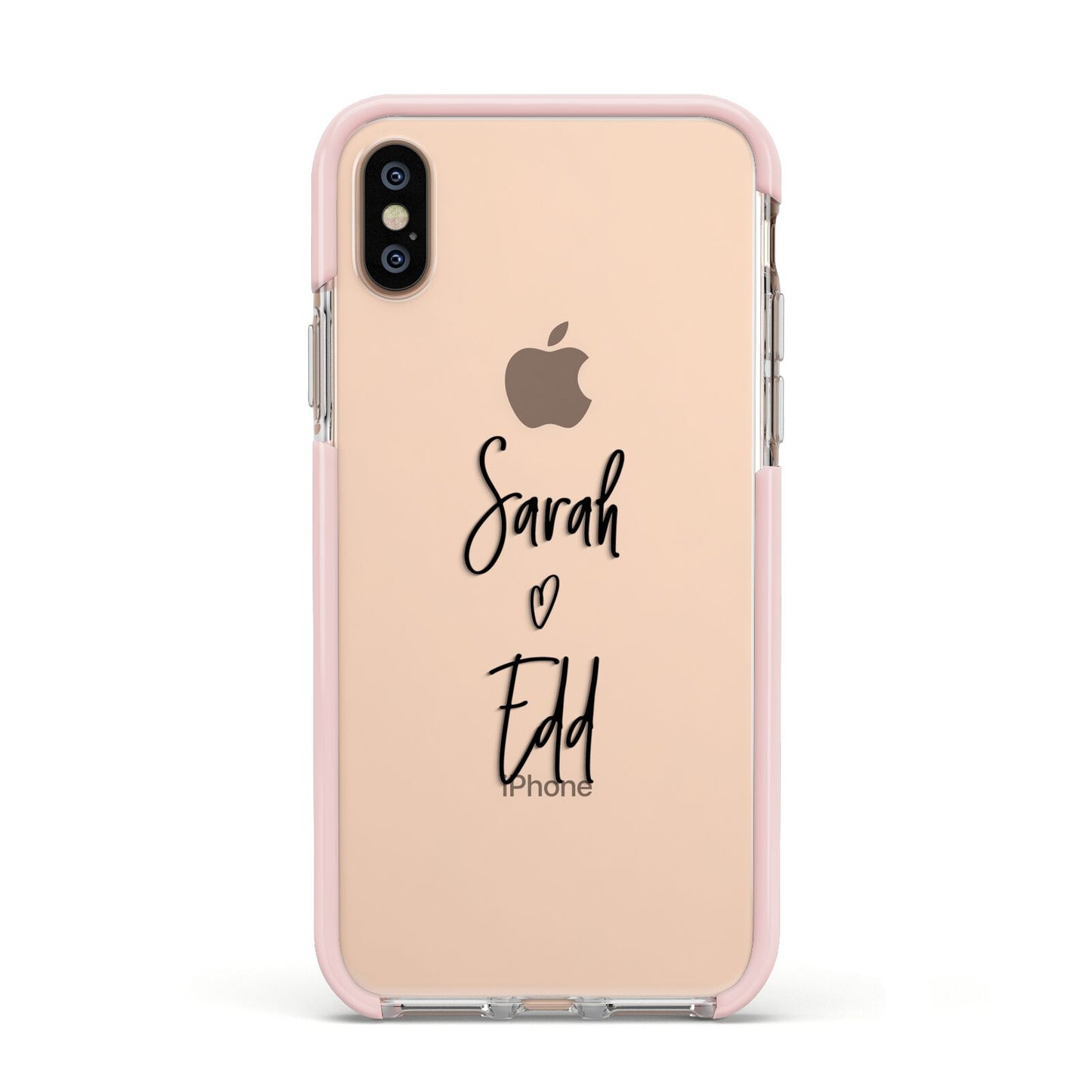 Personalised Valentines Couple Names Black Apple iPhone Xs Impact Case Pink Edge on Gold Phone