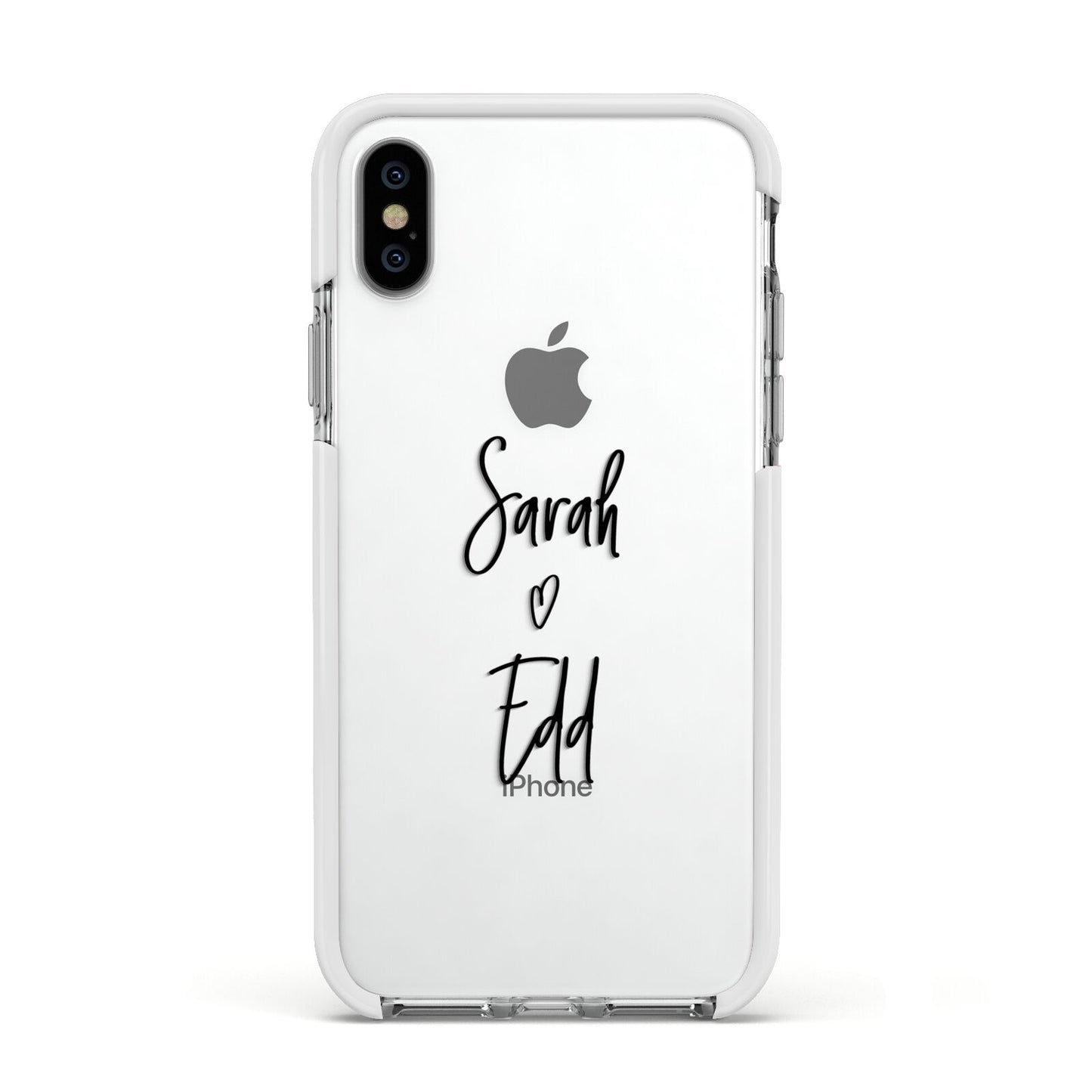 Personalised Valentines Couple Names Black Apple iPhone Xs Impact Case White Edge on Silver Phone