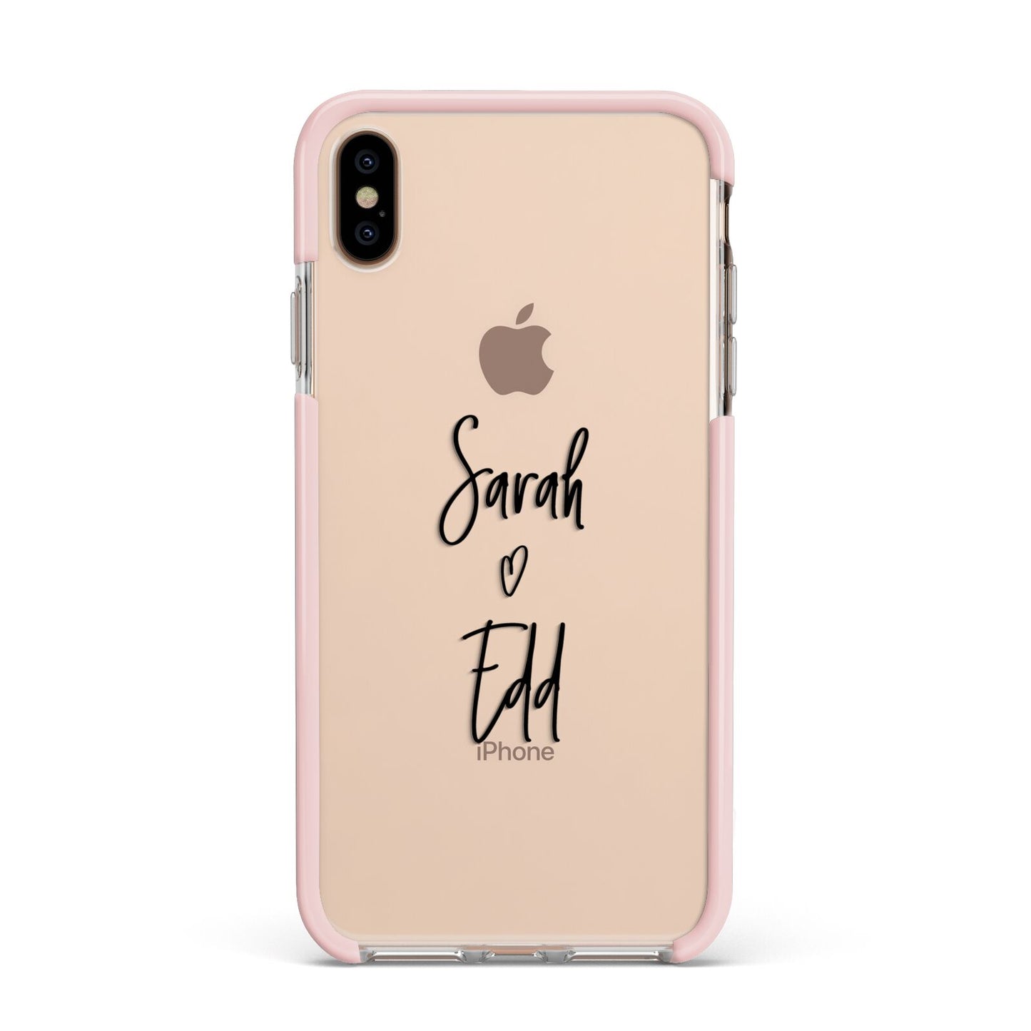 Personalised Valentines Couple Names Black Apple iPhone Xs Max Impact Case Pink Edge on Gold Phone