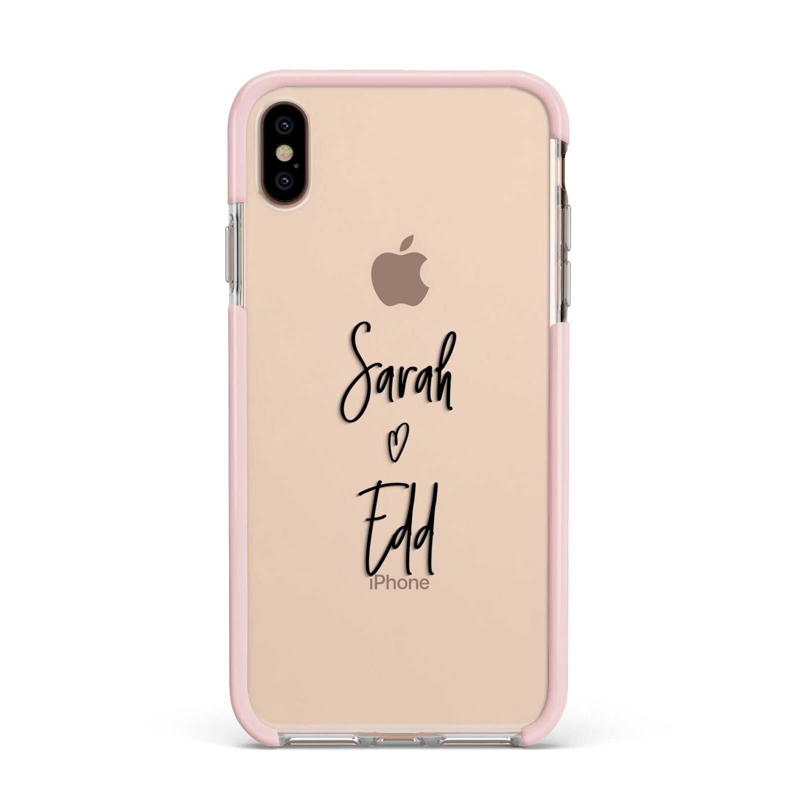 Personalised Valentines Couple Names Black Apple iPhone Xs Max Impact Case Pink Edge on Gold Phone