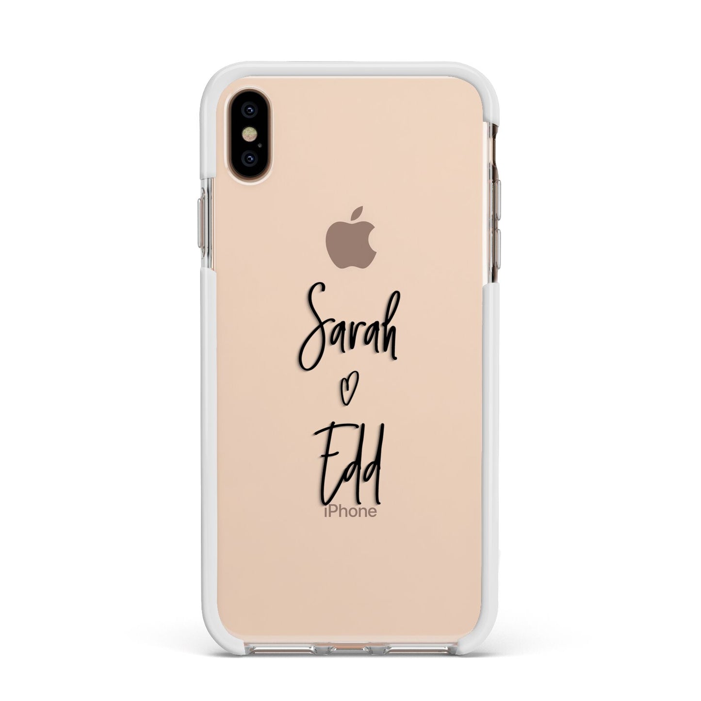 Personalised Valentines Couple Names Black Apple iPhone Xs Max Impact Case White Edge on Gold Phone