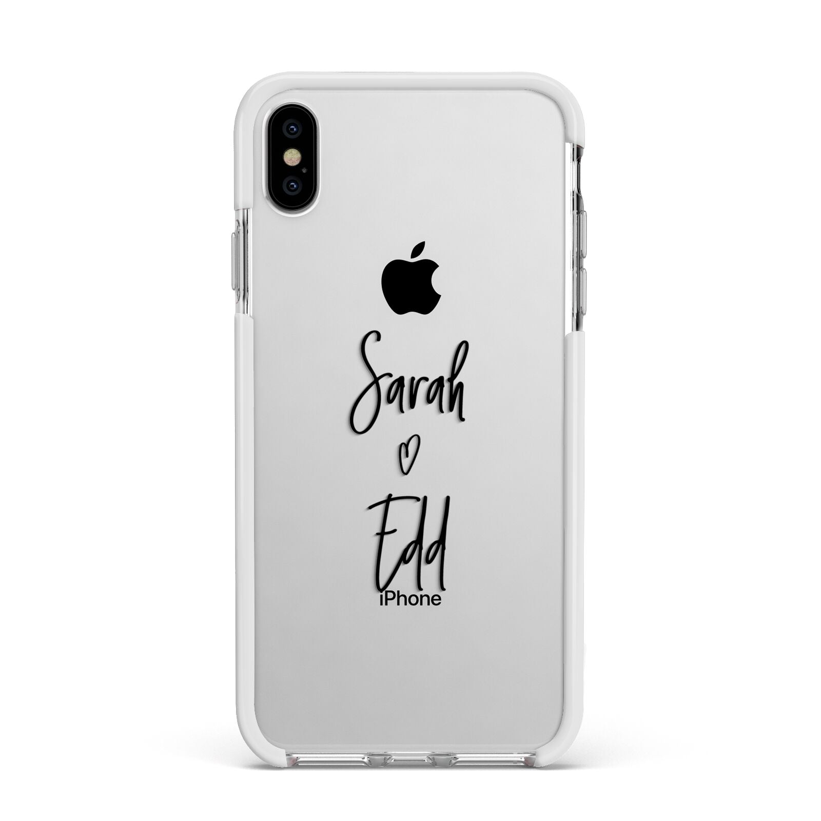 Personalised Valentines Couple Names Black Apple iPhone Xs Max Impact Case White Edge on Silver Phone
