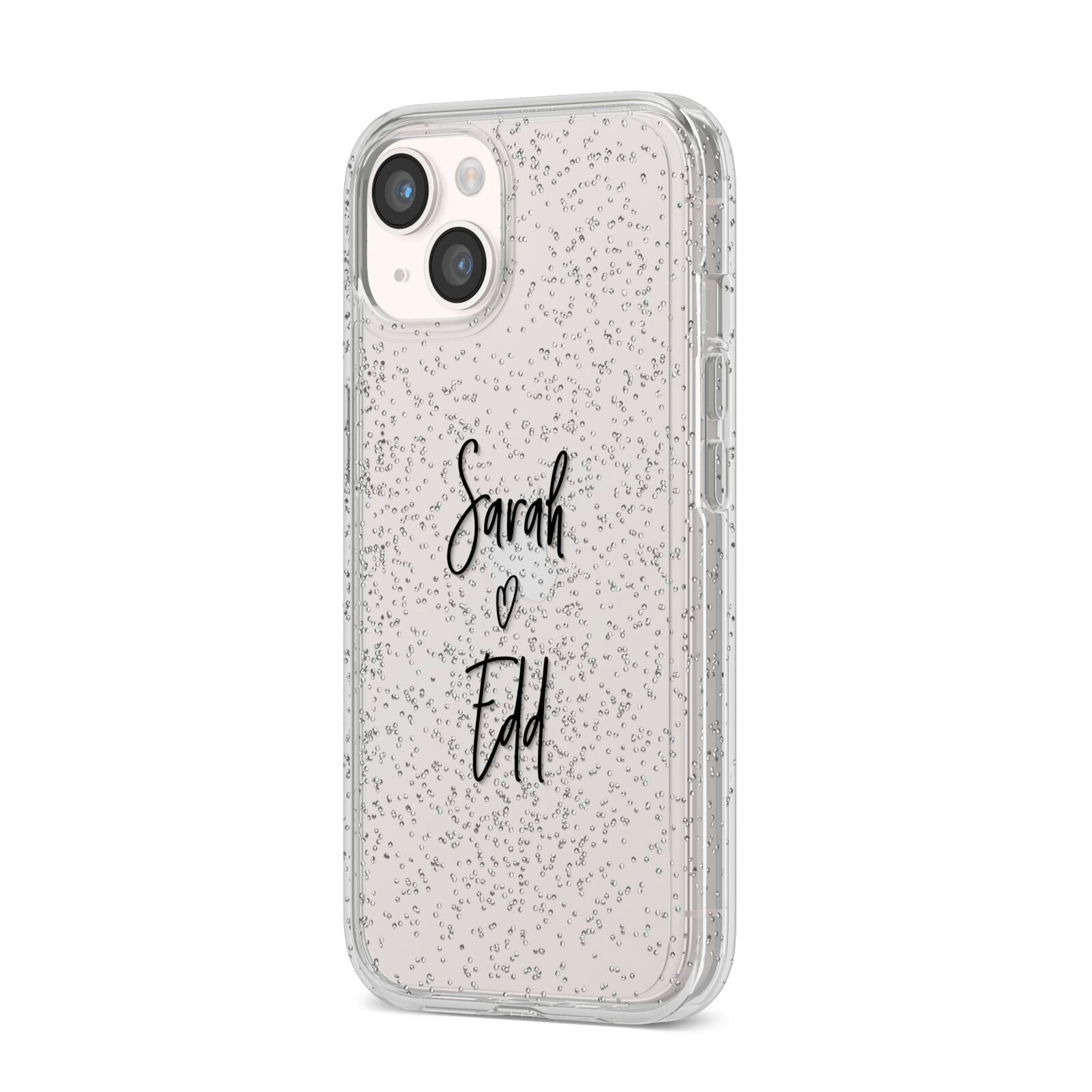 Personalised Valentines Couple Names Black iPhone 14 Glitter Tough Case Starlight Angled Image