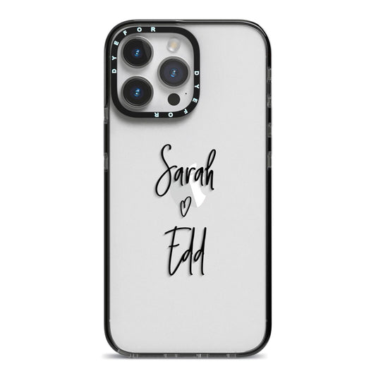 Personalised Valentines Couple Names Black iPhone 14 Pro Max Black Impact Case on Silver phone