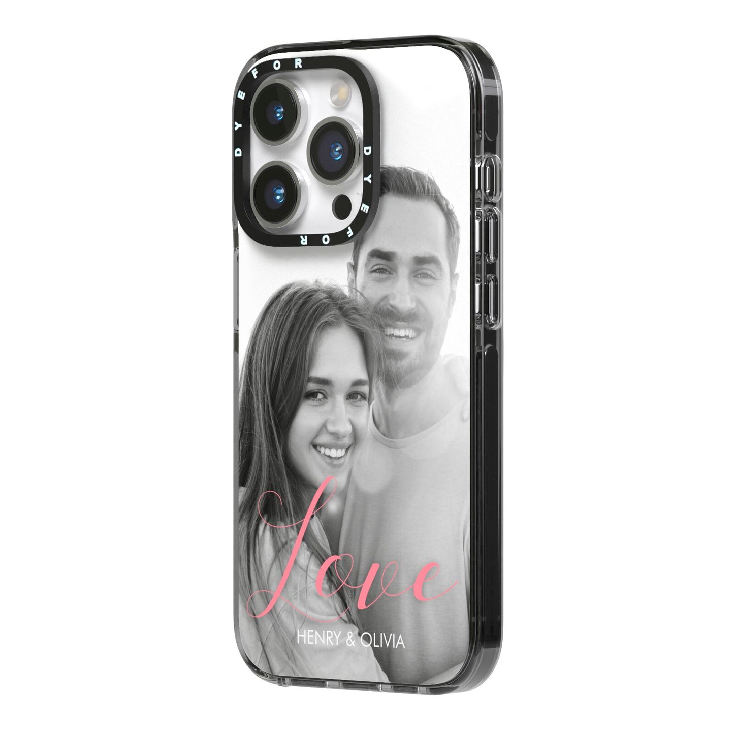 Personalised Valentines Day Photo iPhone 14 Pro Black Impact Case Side Angle on Silver phone