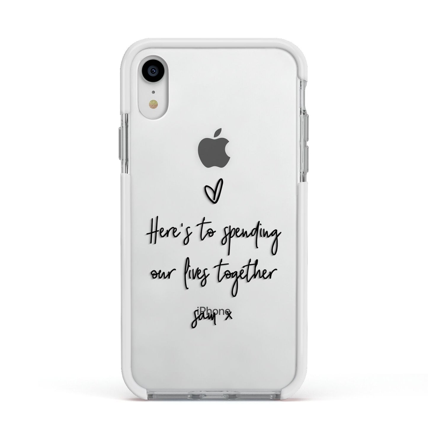Personalised Valentines Message Name Black Apple iPhone XR Impact Case White Edge on Silver Phone