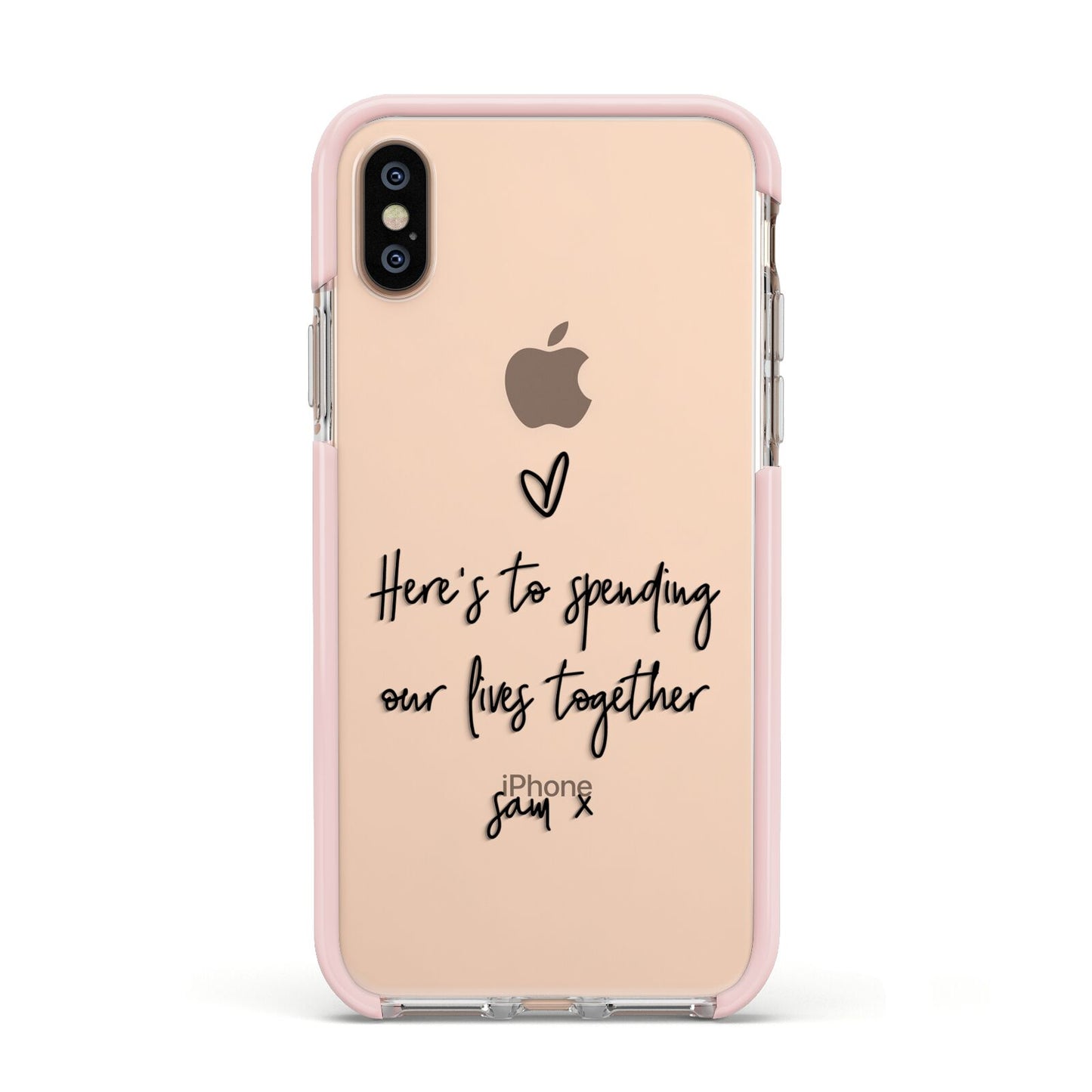 Personalised Valentines Message Name Black Apple iPhone Xs Impact Case Pink Edge on Gold Phone