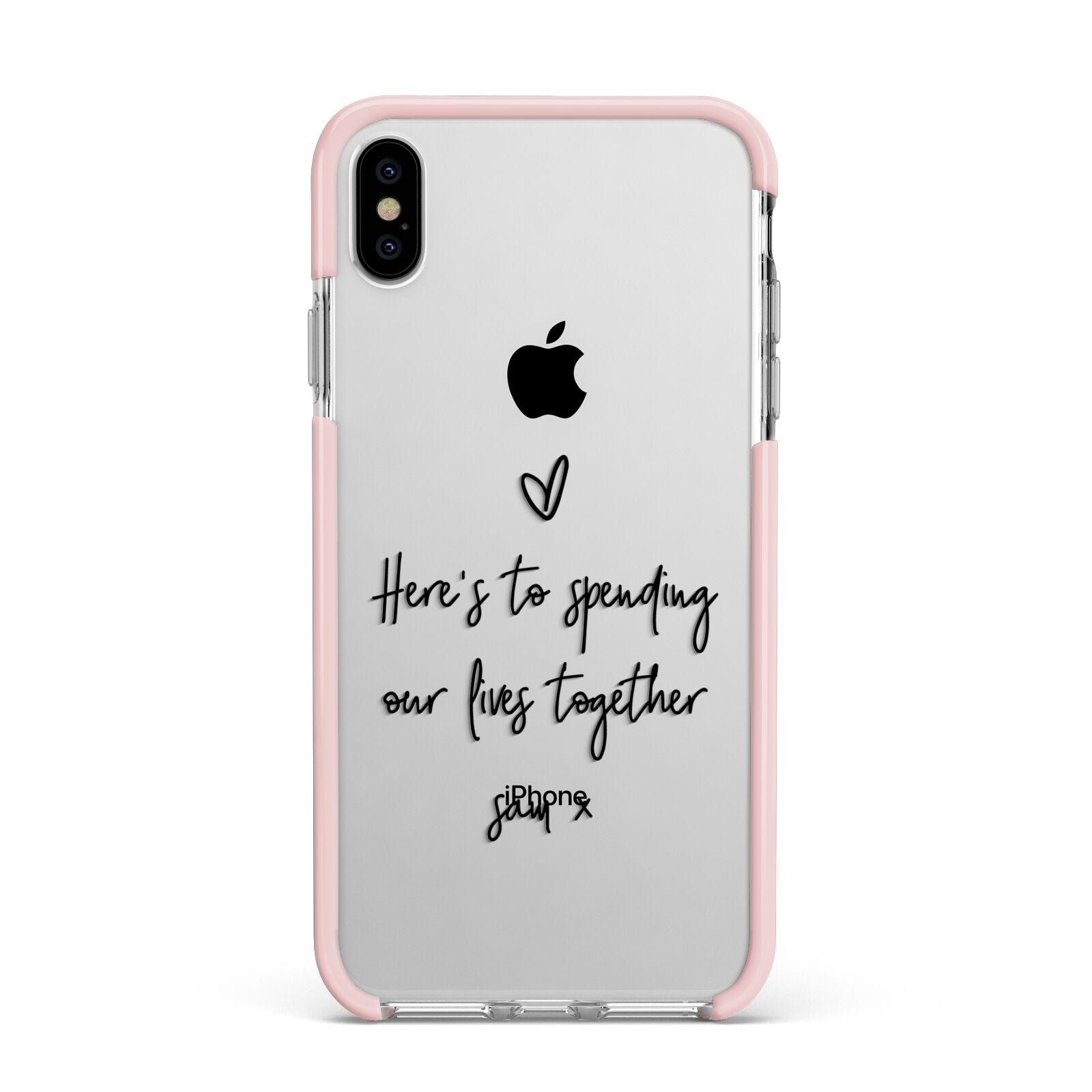 Personalised Valentines Message Name Black Apple iPhone Xs Max Impact Case Pink Edge on Silver Phone