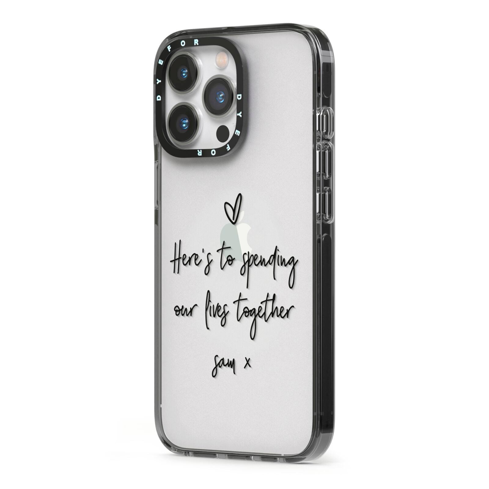 Personalised Valentines Message Name Black iPhone 13 Pro Black Impact Case Side Angle on Silver phone