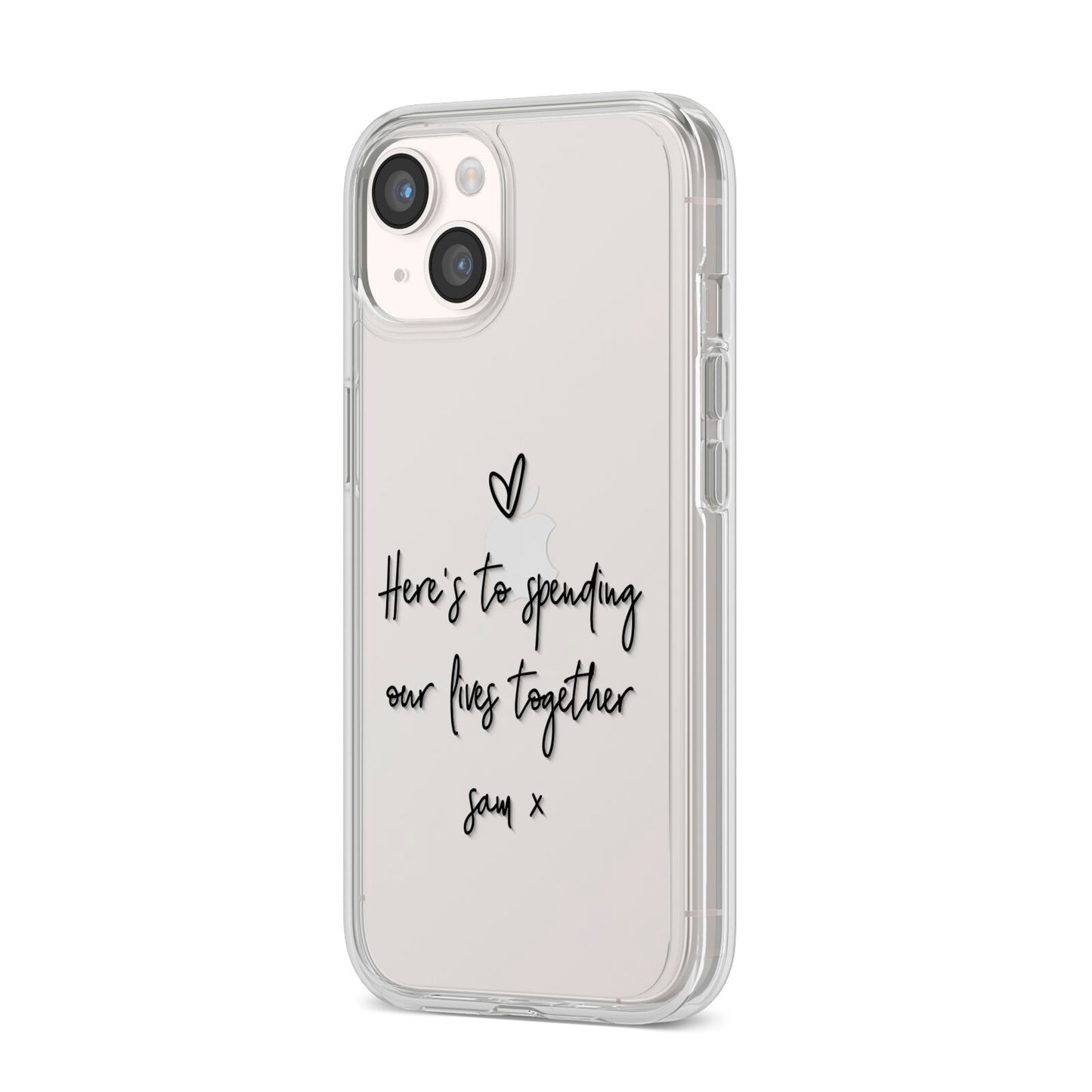 Personalised Valentines Message Name Black iPhone 14 Clear Tough Case Starlight Angled Image