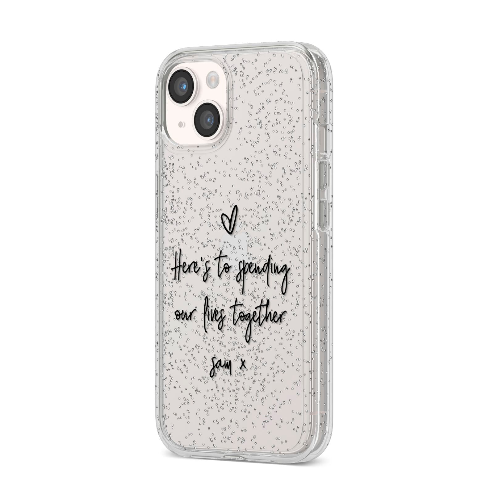 Personalised Valentines Message Name Black iPhone 14 Glitter Tough Case Starlight Angled Image