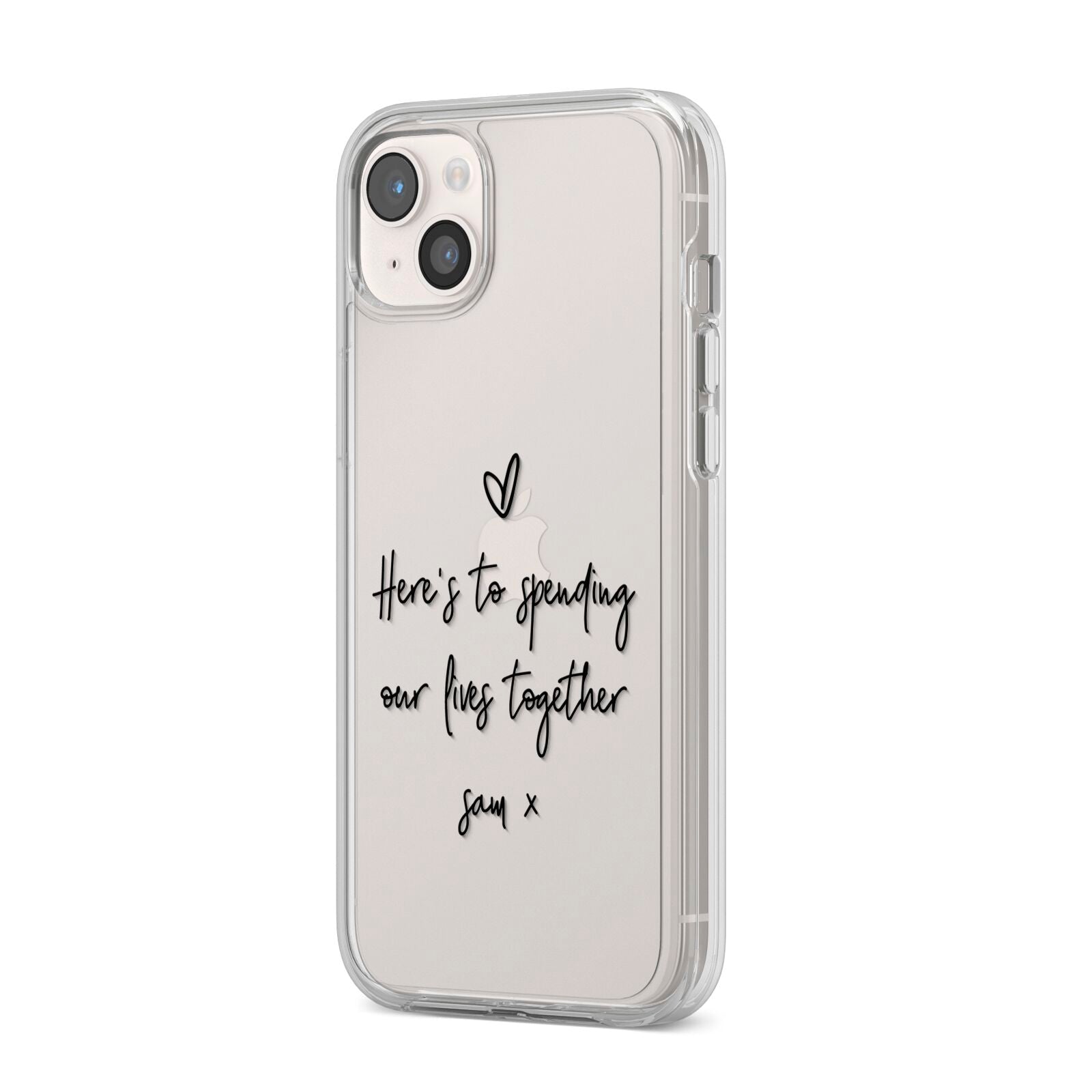Personalised Valentines Message Name Black iPhone 14 Plus Clear Tough Case Starlight Angled Image