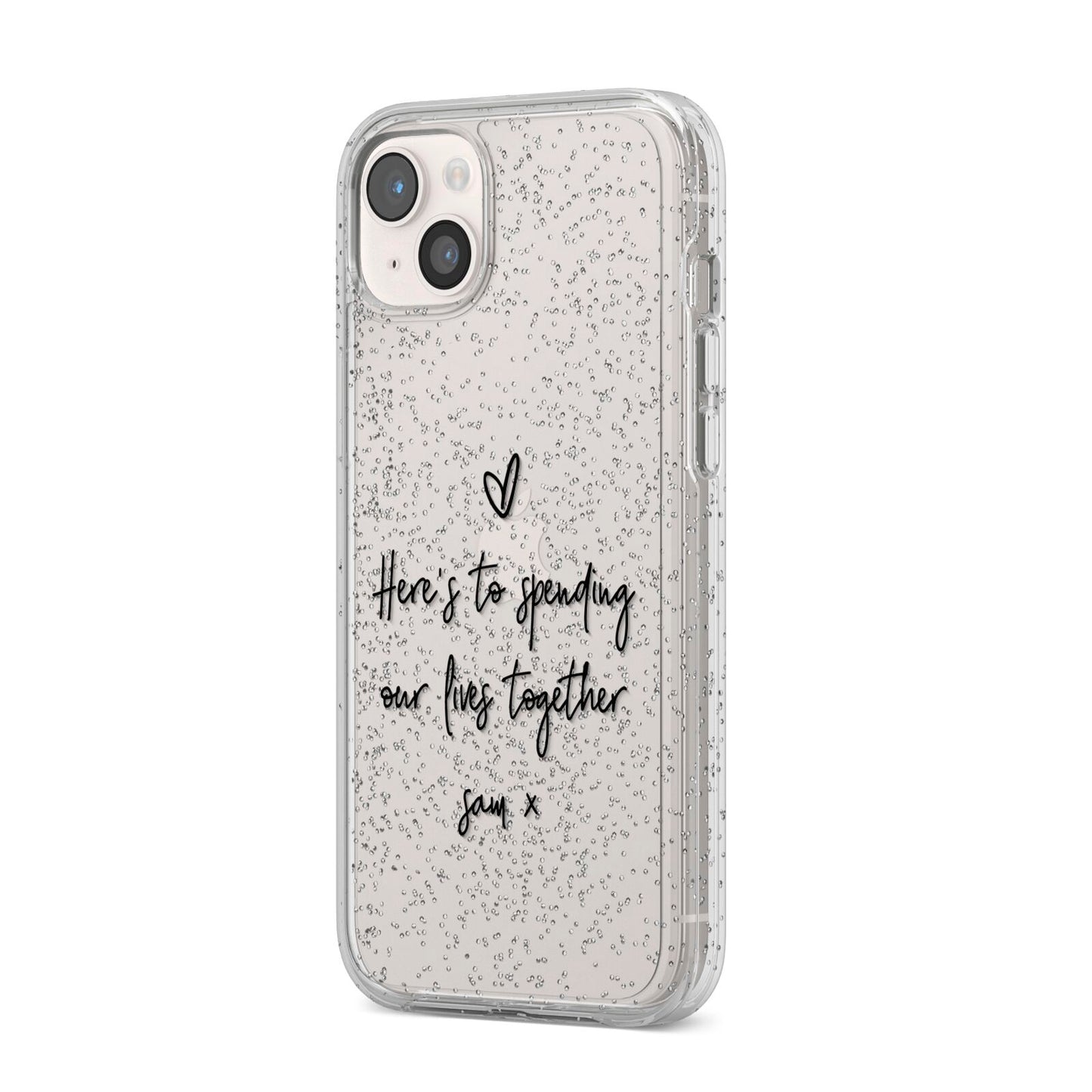 Personalised Valentines Message Name Black iPhone 14 Plus Glitter Tough Case Starlight Angled Image