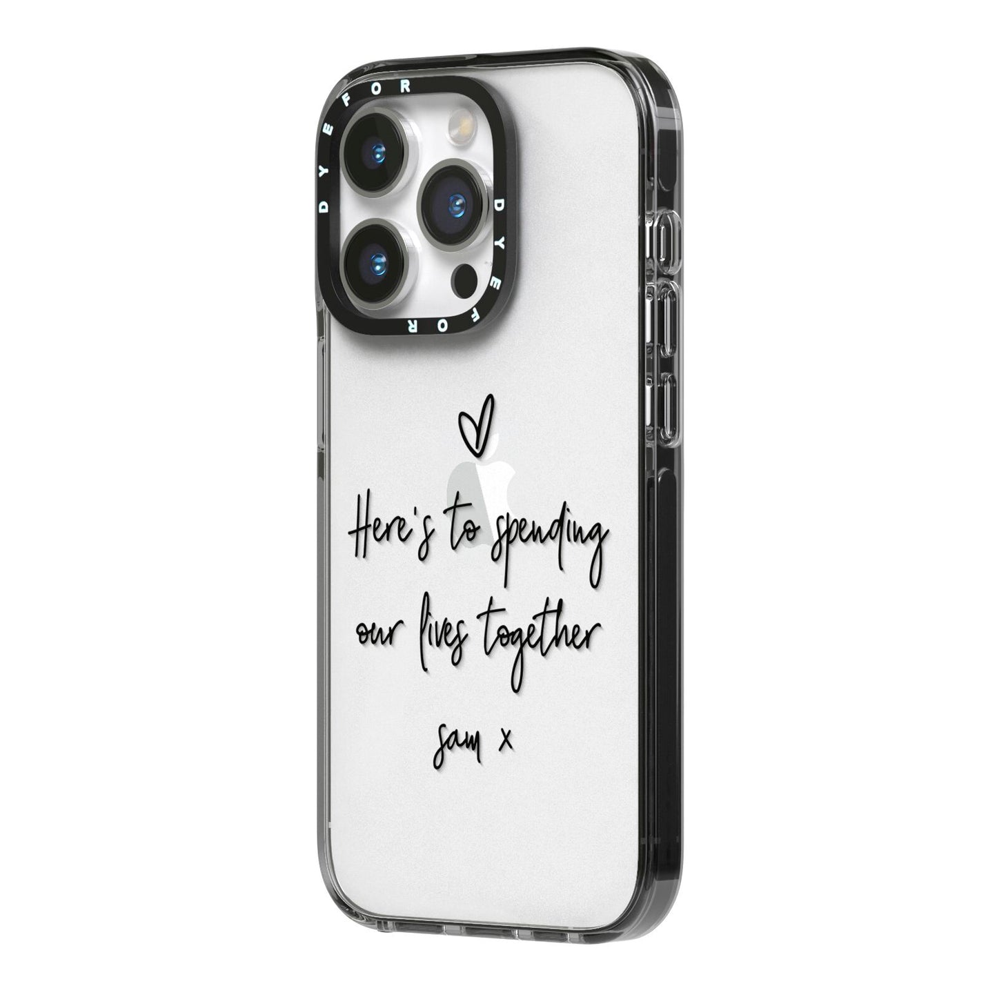 Personalised Valentines Message Name Black iPhone 14 Pro Black Impact Case Side Angle on Silver phone