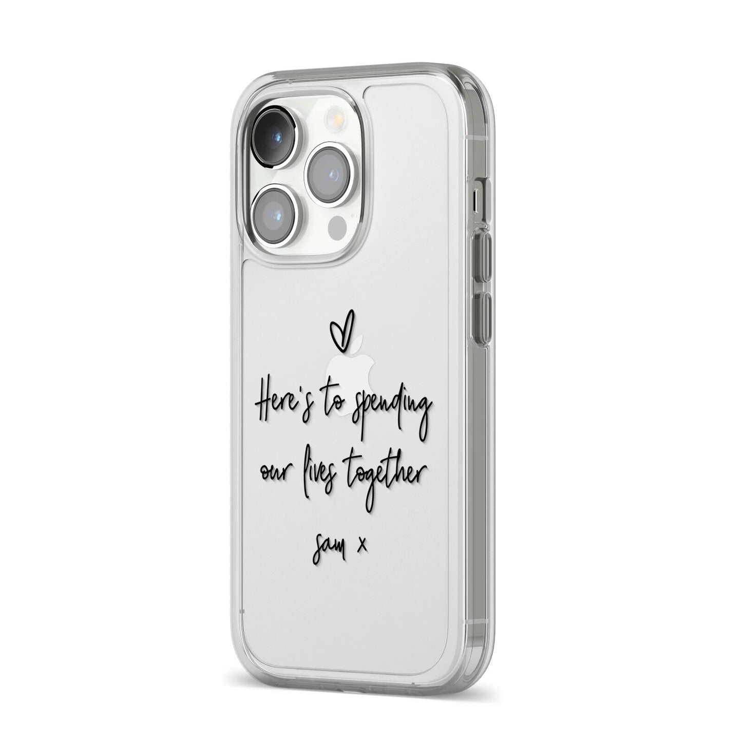 Personalised Valentines Message Name Black iPhone 14 Pro Clear Tough Case Silver Angled Image