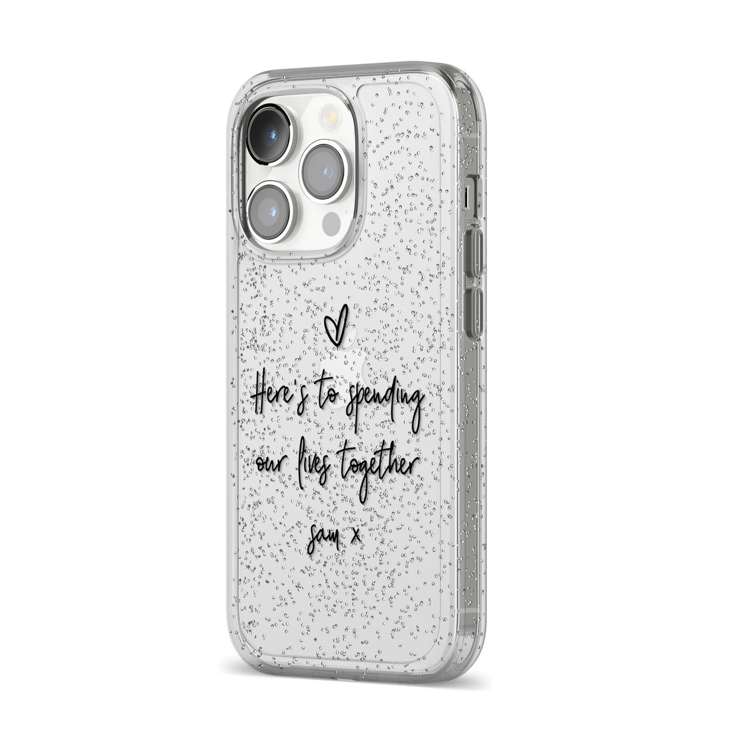 Personalised Valentines Message Name Black iPhone 14 Pro Glitter Tough Case Silver Angled Image